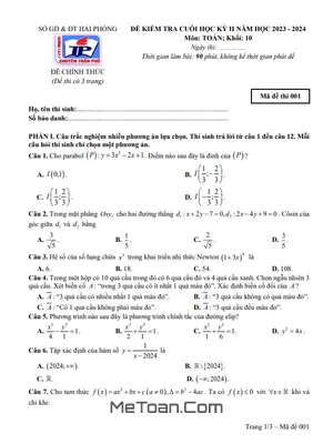 Đề thi học kỳ 2 Toán 10 năm 2023 - 2024 trường Chuyên Trần Phú - Hải Phòng