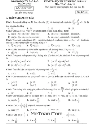 Đề thi HK2 Toán 10 năm học 2018 - 2019 sở GD&ĐT Quảng Nam