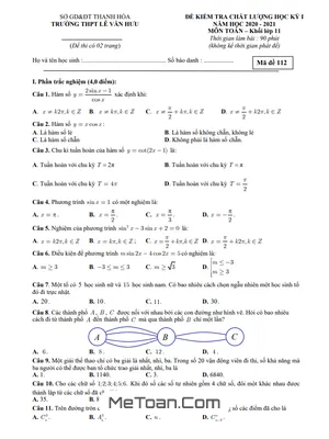 Đề thi HK1 Toán 11 năm 2020 - 2021 trường THPT Lê Văn Hưu - Thanh Hóa