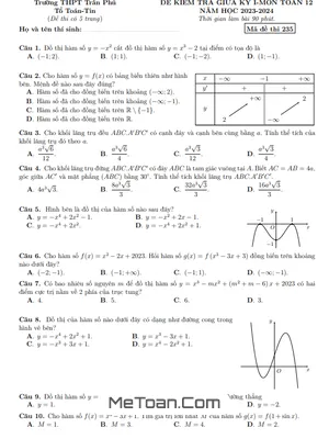 Đề thi giữa kỳ 1 Toán 12 năm 2023 - 2024 trường THPT Trần Phú - Phú Yên
