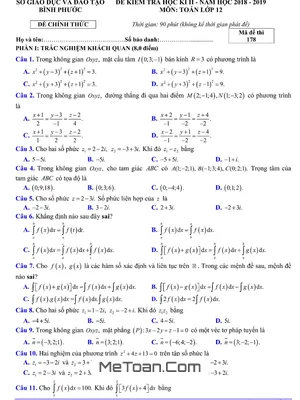 Đề Kiểm Tra Học Kì 2 Toán 12 Năm 2018 - 2019 Sở GD&ĐT Bình Phước