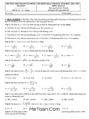 Đề thi cuối kì 2 Toán 11 năm 2022 - 2023 trường THPT Phạm Văn Đồng - Khánh Hòa