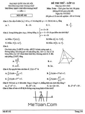 Đề thi thử THPT Quốc gia 2022 môn Toán trường THPT Chuyên Ngoại Ngữ - Hà Nội