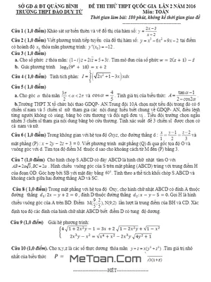 Đề thi thử THPT Quốc gia 2016 môn Toán trường Đào Duy Từ - Quảng Bình (lần 2) có đáp án