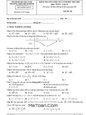 Đề thi giữa kì 1 Toán 10 năm 2021 - 2022 trường THPT Hồ Nghinh - Quảng Nam