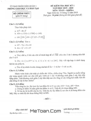 Đề thi học kỳ 1 Toán lớp 6 năm học 2019 - 2020 phòng GD&ĐT Quận 1 - TP.HCM