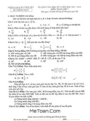 Đề thi học kỳ 1 Toán lớp 7 năm 2017 - 2018 phòng GD&ĐT Vĩnh Yên - Vĩnh Phúc