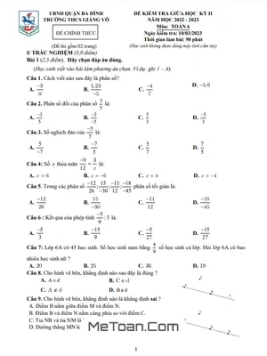 Đề Thi Giữa Kì 2 Môn Toán Lớp 6 Năm 2022 - 2023 Trường THCS Giảng Võ - Hà Nội