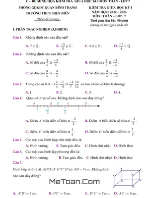 Đề Tham Khảo Giữa Kỳ 1 Toán 7 Năm 2022 - 2023 Trường THCS Điện Biên - TP HCM