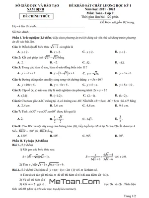 Đề khảo sát chất lượng học kì 1 Toán 9 năm 2021 - 2022 sở GD&ĐT Nam Định