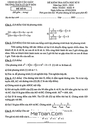 Đề thi giữa kì 2 Toán 9 năm 2023 - 2024 trường THCS Lê Quý Đôn - Hà Nội