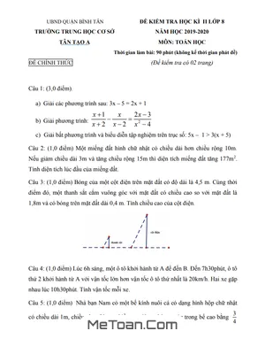 Đề thi HK2 Toán 8 năm 2019 - 2020 trường THCS Tân Tạo A - TP HCM