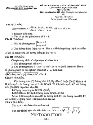 Đề khảo sát chất lượng Toán 9 năm 2023 - 2024 phòng GD&ĐT Quan Sơn - Thanh Hóa