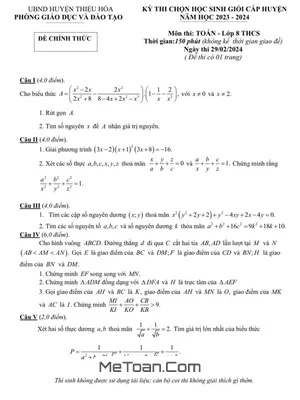 Đề thi học sinh giỏi huyện Toán 8 năm 2023 - 2024 phòng GD&ĐT Thiệu Hóa - Thanh Hóa