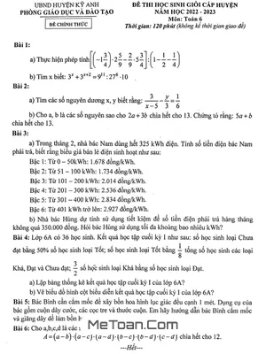 Đề thi học sinh giỏi huyện môn Toán lớp 6 năm 2022 - 2023 phòng GD&ĐT Kỳ Anh, Hà Tĩnh