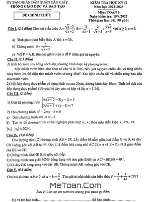Đề thi học kỳ 2 Toán lớp 9 năm 2022 - 2023 phòng GD&ĐT Cầu Giấy - Hà Nội