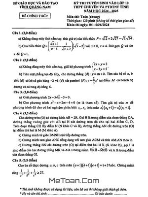 Đề tuyển sinh lớp 10 chuyên Toán (chung) năm 2024 - 2025 sở GD&ĐT Quảng Nam