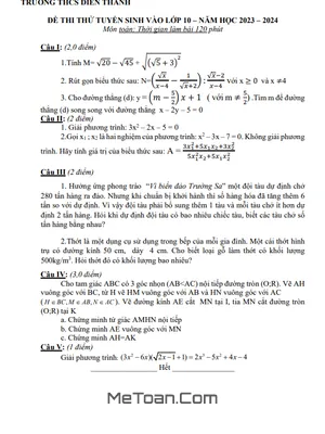 Đề thi thử Toán vào lớp 10 năm 2023 - 2024 trường THCS Diễn Thành - Nghệ An