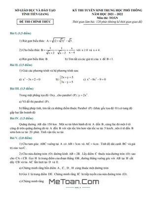 Đề thi tuyển sinh lớp 10 môn Toán năm 2021 - 2022 Sở GD&ĐT Tiền Giang