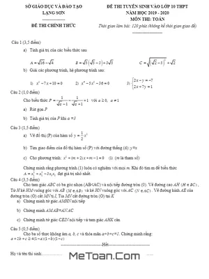 Đề Thi Vào Lớp 10 Môn Toán Sở GD&ĐT Lạng Sơn Năm 2019 - 2020