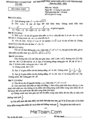 Đề thi HSG Toán 9 năm 2020 - 2021 Sở GD&ĐT Hà Nội