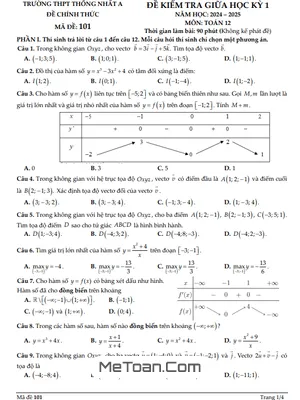 Đề thi giữa học kỳ 1 Toán 12 năm 2024 - 2025 trường THPT Thống Nhất A - Đồng Nai