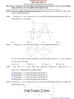Trọn bộ đề kiểm tra cuối học kì 1 Toán 12 có đáp án, cấu trúc mới nhất
