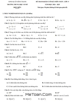 Đề Tham Khảo Cuối Kì 1 Toán 9 Năm 2024 - 2025 Phòng GD&ĐT Bình Thạnh - TP HCM