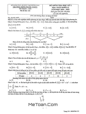 Đề thi học kỳ 1 Toán 12 năm 2024 - 2025 trường THPT Phước Thiền - Đồng Nai
