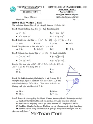 Đề thi học kỳ 1 Toán 8 năm 2024 - 2025 trường THCS Giảng Võ 2 - Hà Nội