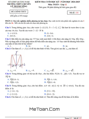 Đề Thi Học Kỳ 1 Toán 12 năm 2024 - 2025 Trường Chuyên Lê Thánh Tông - Quảng Nam