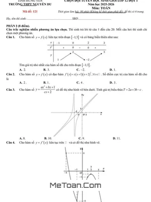 Đề khảo sát chọn đội tuyển HSG Toán 12 năm 2025 - 2026 trường THPT Nguyễn Du – Hưng Yên