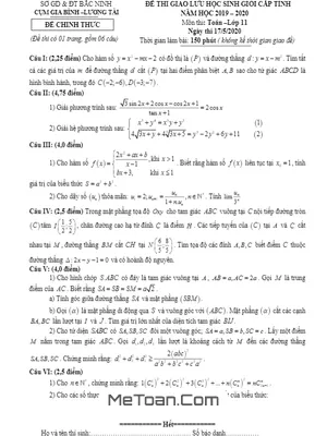 Đề thi Giao lưu HSG Toán 11 Cấp Tỉnh Năm 2019 - 2020 Cụm Gia Bình - Lương Tài - Bắc Ninh