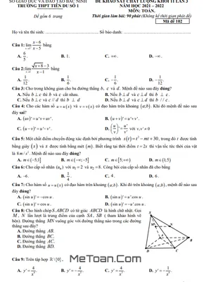 Đề KSCL Toán 11 Lần 3 Năm 2021 - 2022 Trường THPT Tiên Du 1 - Bắc Ninh