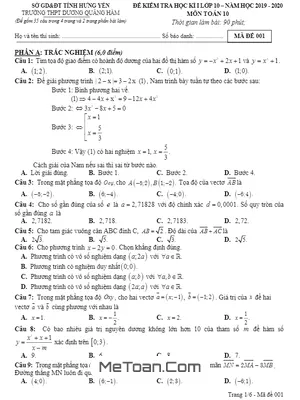 Đề thi HK1 Toán 10 năm 2019 – 2020 trường Dương Quảng Hàm – Hưng Yên