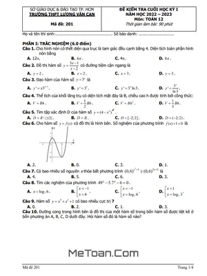 Đề thi học kỳ 1 Toán 12 năm 2022 - 2023 trường THPT Lương Văn Can - TP HCM