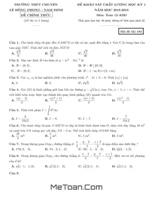 Đề thi học kỳ 1 Toán 12 năm 2018 - 2019 trường chuyên Lê Hồng Phong - Nam Định