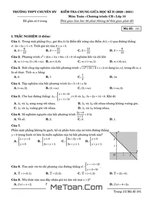 Đề thi giữa kì 2 Toán 10 CB năm 2020 - 2021 trường Chuyên Hùng Vương - Bình Dương