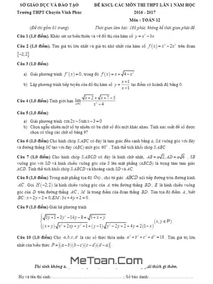 Đề khảo sát chất lượng môn Toán lớp 12 lần 1 - Trường THPT Chuyên Vĩnh Phúc