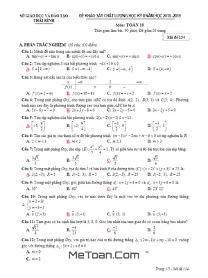 Đề KSCL học kỳ 2 Toán 10 năm 2018 - 2019 sở GD&ĐT Thái Bình