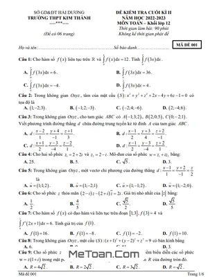 Đề Thi Cuối Kì 2 Toán 12 Năm 2022 - 2023 Trường THPT Kim Thành - Hải Dương