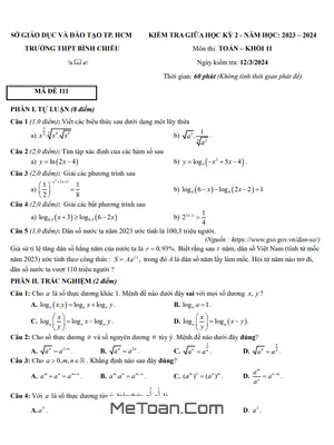 Đề Thi Giữa Học Kỳ 2 Toán 11 Năm 2023 - 2024 Trường THPT Bình Chiểu - TP.HCM