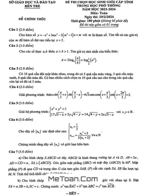 Đề thi HSG cấp tỉnh môn Toán THPT năm 2023 - 2024 Sở GD&ĐT Bến Tre