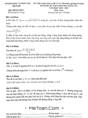 Đề thi HSG Toán 12 năm học 2020 - 2021 sở GD&ĐT Hà Nam (có lời giải)