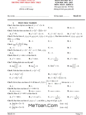 Đề Thi Học Kỳ 2 Môn Toán Lớp 11 Năm 2022 - 2023 Trường THPT Phan Thúc Trực - Nghệ An