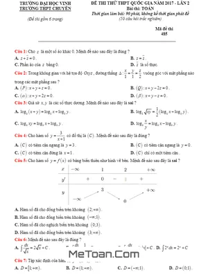 Đề thi thử THPT Quốc gia môn Toán trường THPT chuyên Đại học Vinh lần 2 năm 2017