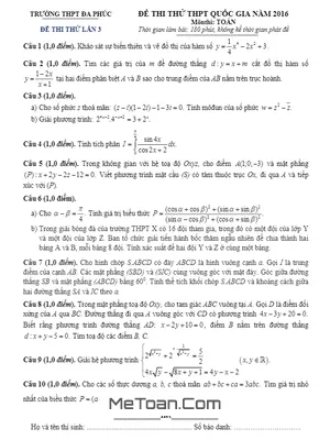 Đề thi thử THPT Quốc gia môn Toán trường Đa Phúc – Hà Nội lần 3 năm 2016