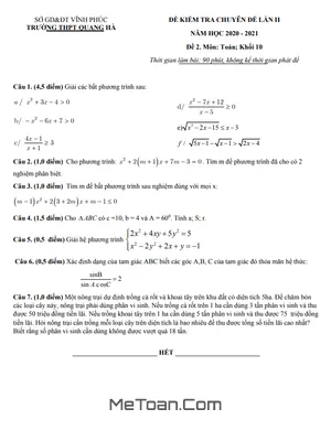Đề kiểm tra Toán 10 lần 2 năm 2020 – 2021 trường THPT Quang Hà – Vĩnh Phúc