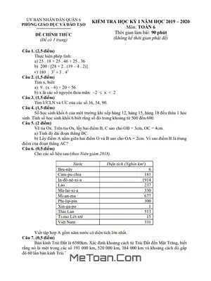 Đề thi học kỳ 1 Toán lớp 6 năm 2019 - 2020 phòng GD&ĐT Quận 6 - TP HCM