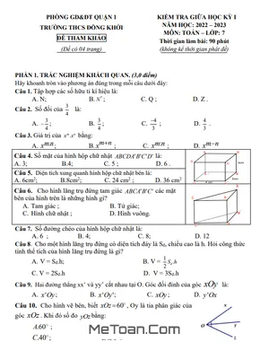 Đề Tham Khảo Giữa Kỳ 1 Toán 7 Năm 2022 - 2023 Trường THCS Đồng Khởi - TP HCM